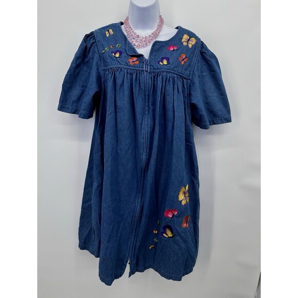 Bechamel Denim Dress Womens Size LP Blue Butterfly Embroider Pockets Zipper - Picture 1 of 14